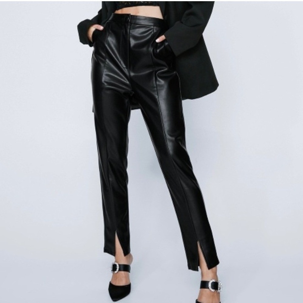 Nasty Gal Black Faux Leather Split Front Trousers High Waisted Pants Size 6 NEW